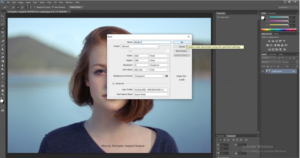 Image 7.1: Creating a new document with transparent background in Photoshop